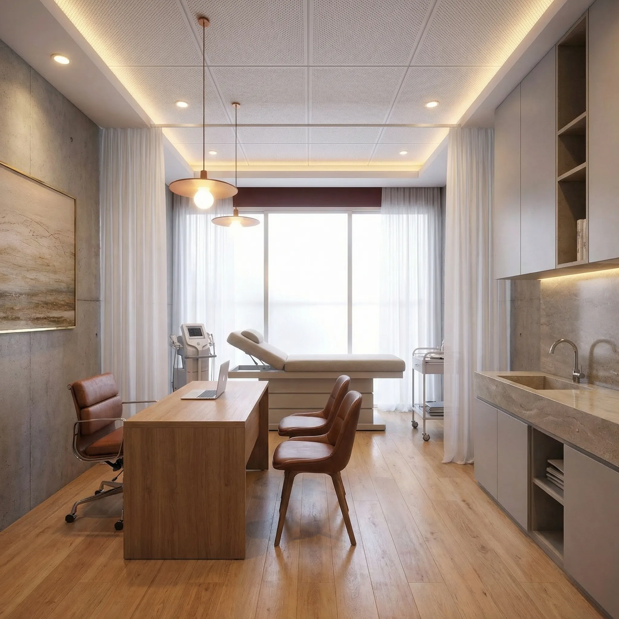 חדר טיפול מאובזר עם מיטת בדיקה, שולחן עבודה וכיור