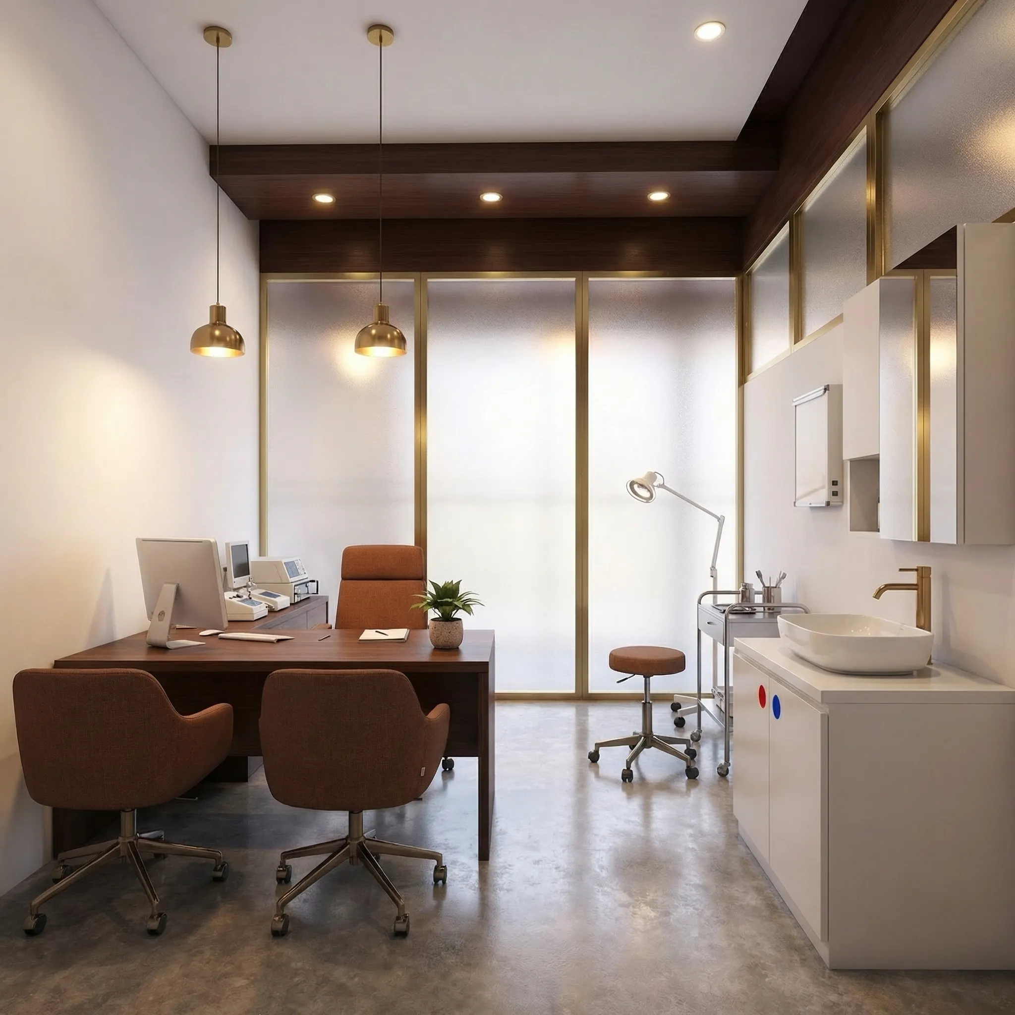 חדר ייעוץ מאובזר עם שולחן עבודה, כיסאות וכיור